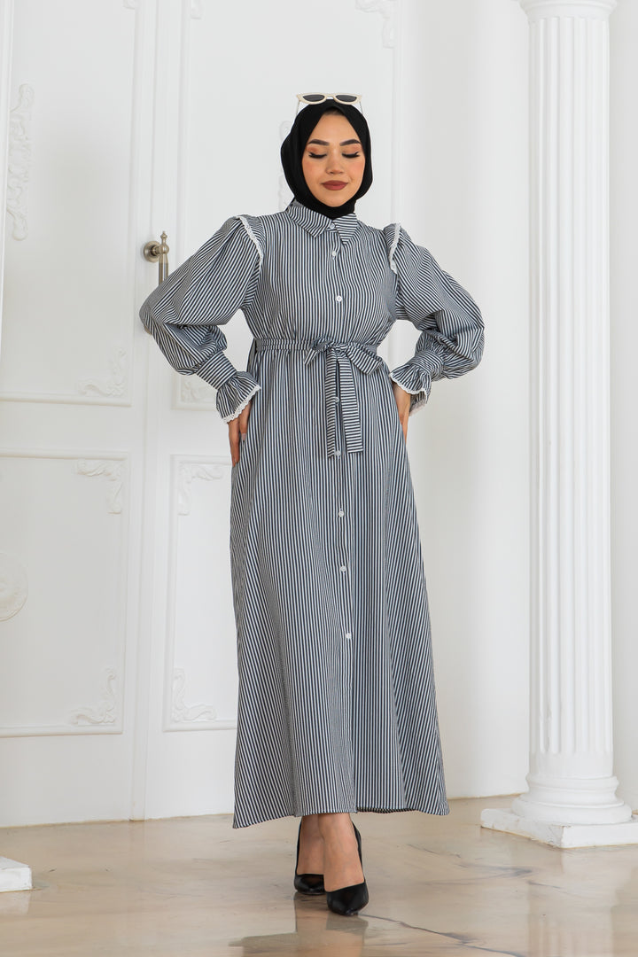 BNG Women Lace Detailed Striped Dress Gray 2141 - Trieste