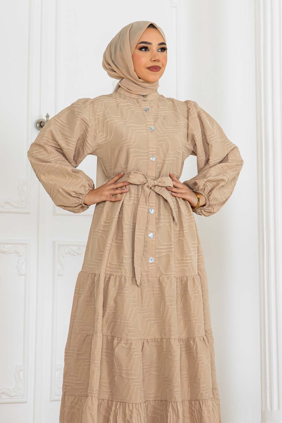 BNG Women Embossed Patterned Dress Beige 2119 - Middletown
