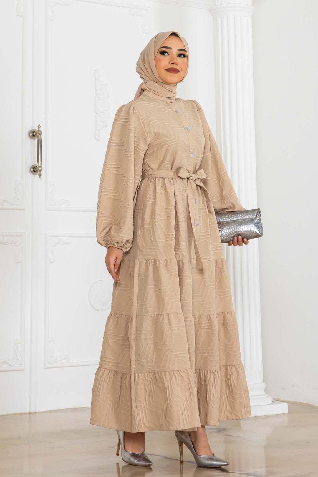 BNG Women Embossed Patterned Dress Beige 2119 - Middletown