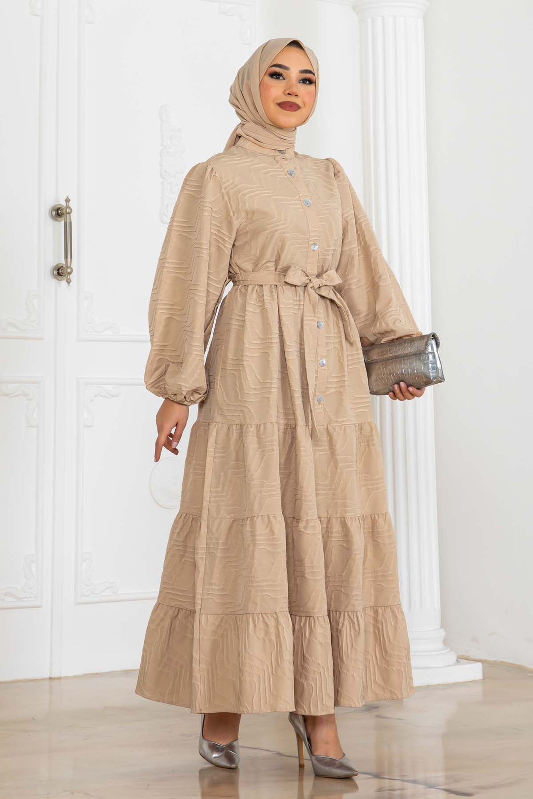 BNG Women Embossed Patterned Dress Beige 2119 - Middletown