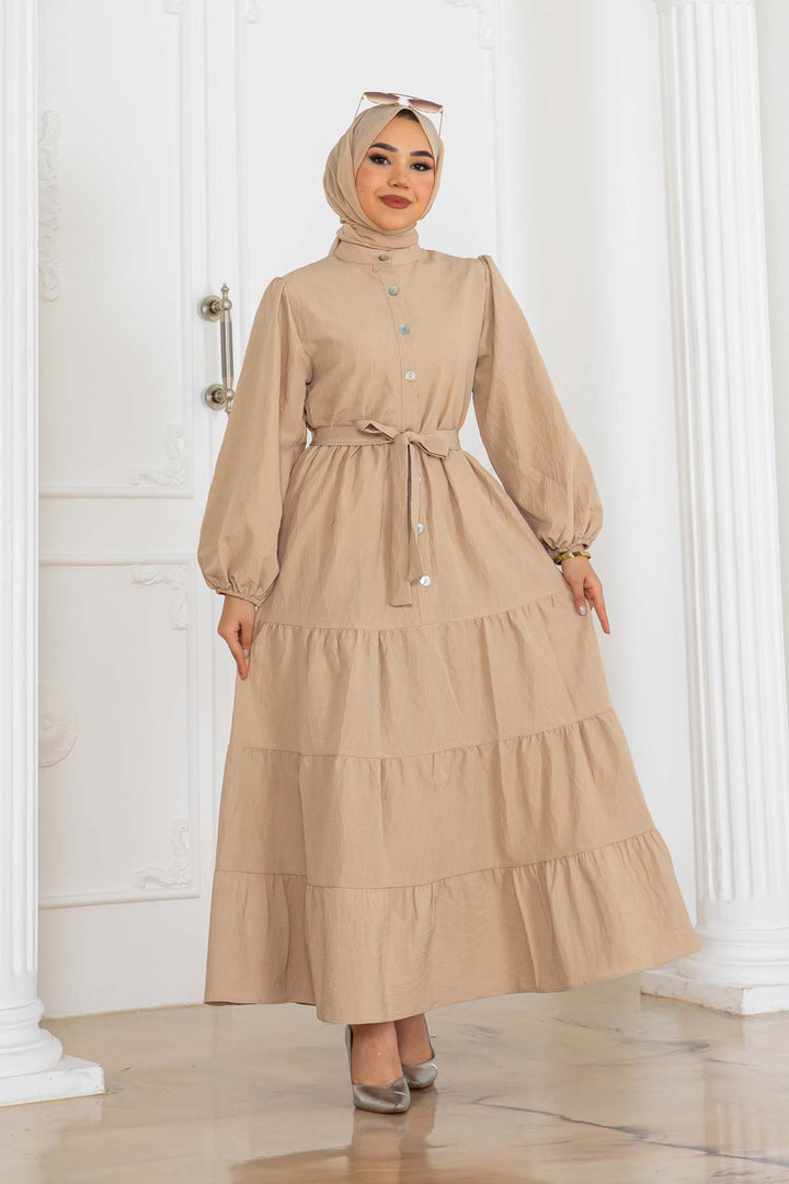 BNG Women Buttoned Embossed Pattern Dress Beige 2120 - Cihuatlán