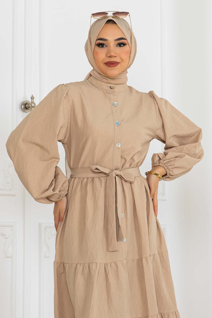 BNG Women Buttoned Embossed Pattern Dress Beige 2120 - Cihuatlán