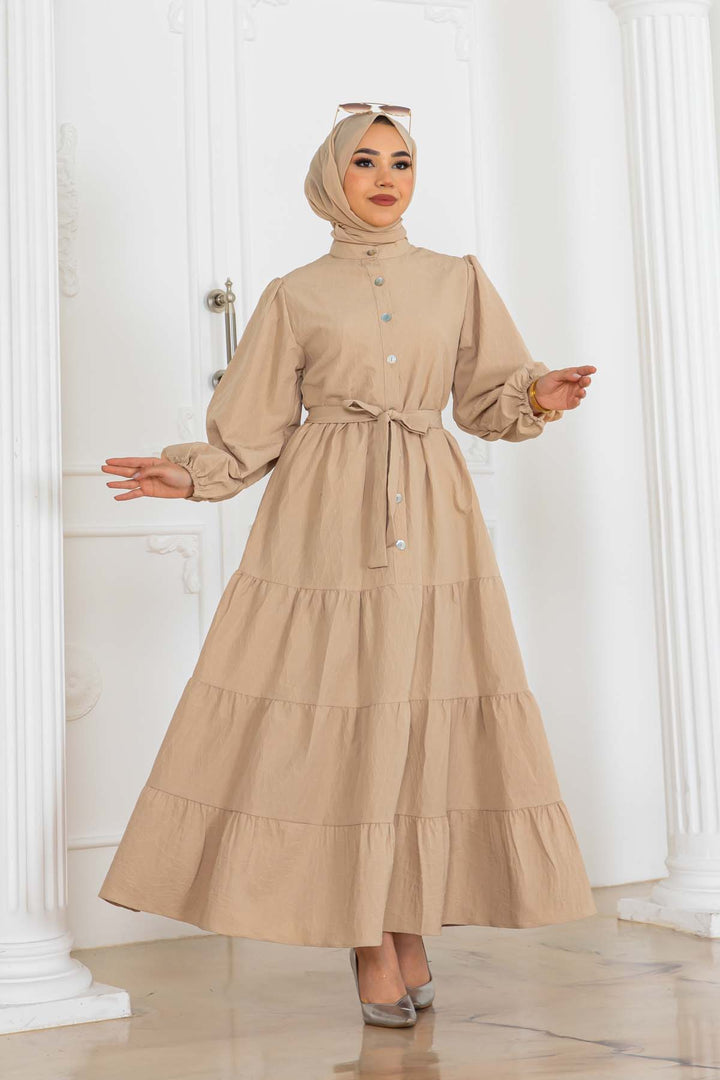 BNG Women Buttoned Embossed Pattern Dress Beige 2120 - Cihuatlán
