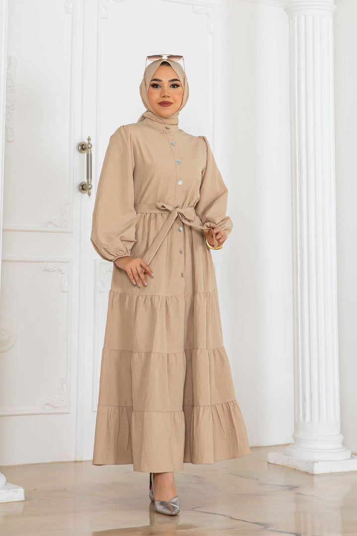 BNG Women Buttoned Embossed Pattern Dress Beige 2120 - Cihuatlán