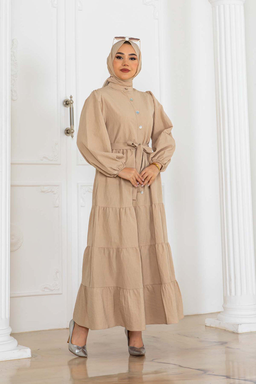 BNG Women Buttoned Embossed Pattern Dress Beige 2120 - Cihuatlán