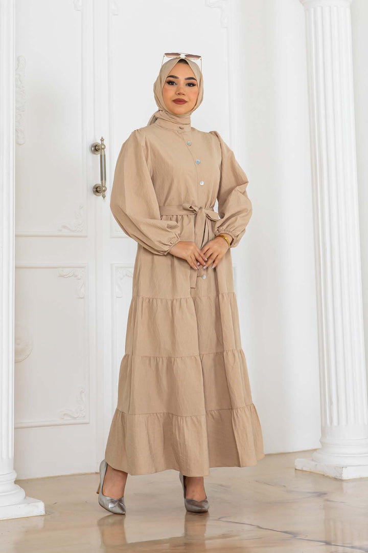 BNG Women Buttoned Embossed Pattern Dress Beige 2120 - Cihuatlán