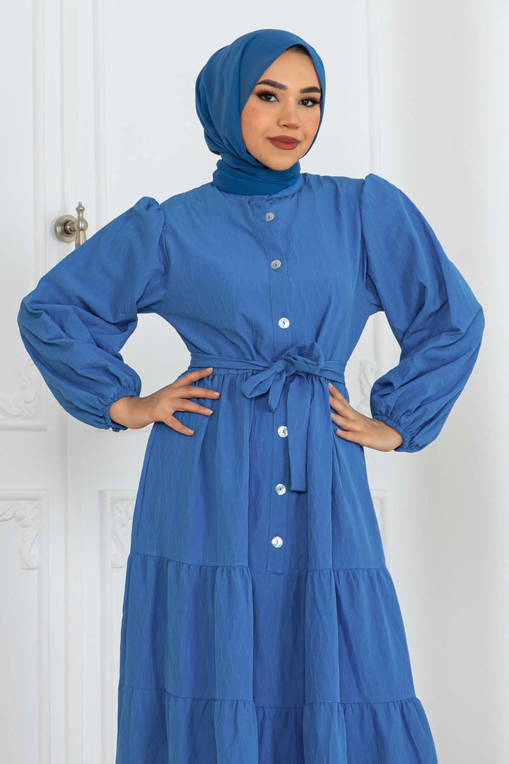 BNG Women Düğmeli Kabartma Desenli Elbise Mavi 2120 - Coeur dAlene