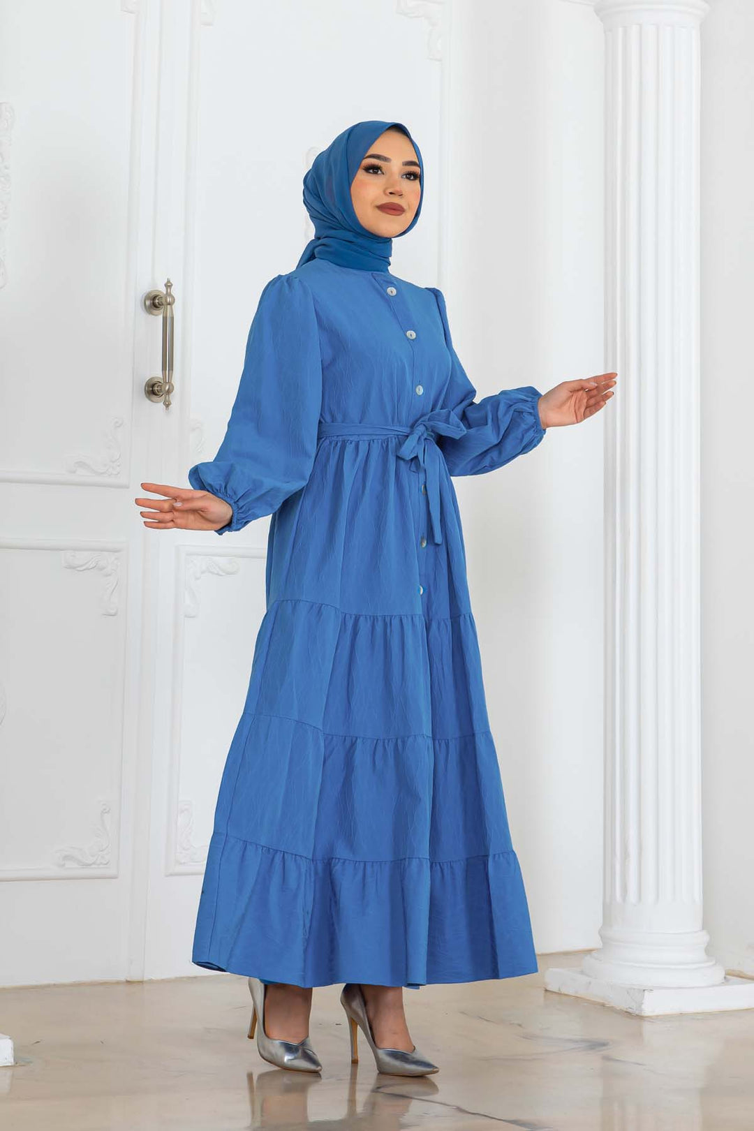 BNG Women Düğmeli Kabartma Desenli Elbise Mavi 2120 - Coeur dAlene