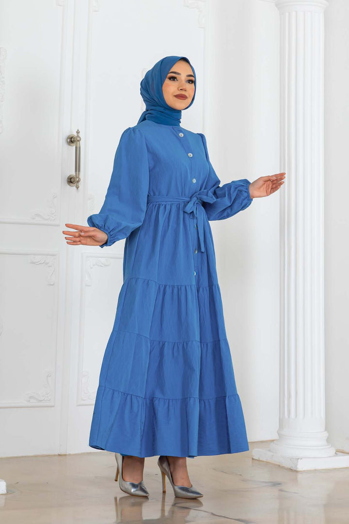 BNG Women Düğmeli Kabartma Desenli Elbise Mavi 2120 - Coeur dAlene