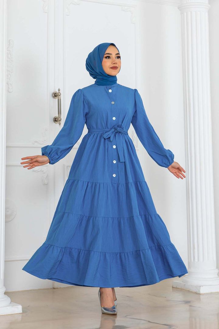 BNG Women Düğmeli Kabartma Desenli Elbise Mavi 2120 - Coeur dAlene