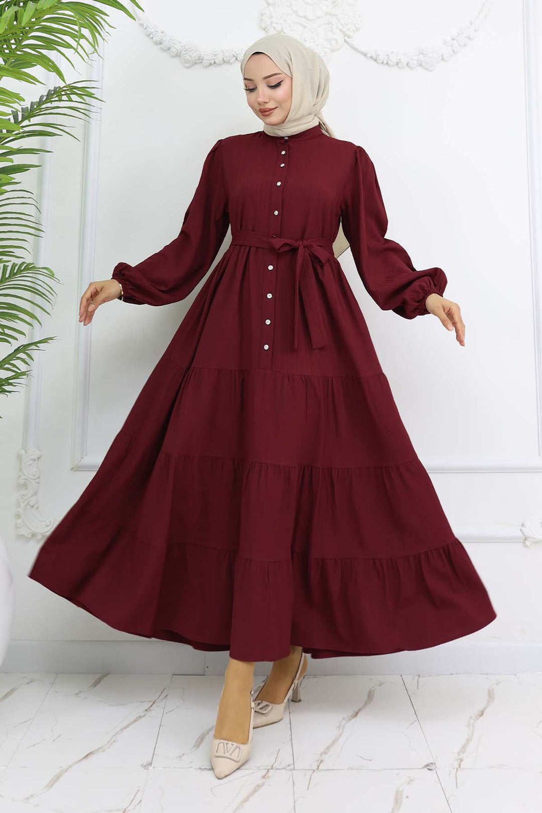 BNG Women Taşlı Düğmeli Hakim Yaka Tesettür Elbise Bordo 2268 - Mooresville