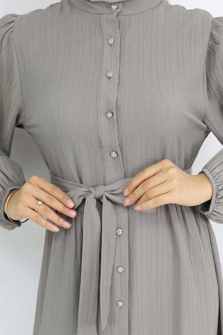 BNG Women Taşlı Düğmeli Hakim Yaka Tesettür Elbise Haki 2268 - Danville