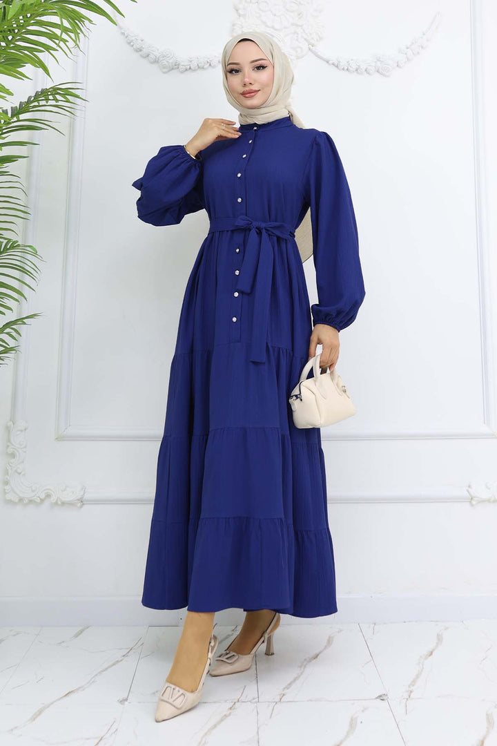 BNG Women Taşlı Düğmeli Hakim Yaka Tesettür Elbise Lacivert 2268 - Chur