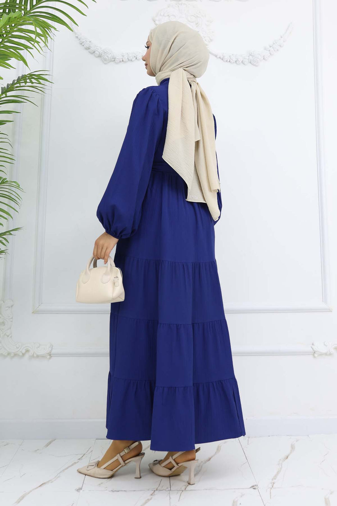 BNG Women Taşlı Düğmeli Hakim Yaka Tesettür Elbise Lacivert 2268 - Chur