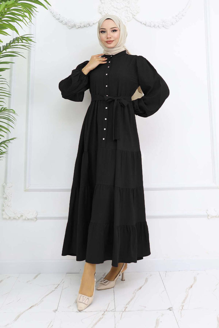 BNG Women Taşlı Düğmeli Hakim Yaka Tesettür Elbise Siyah 2268 - Saint-Maur-des-Fossés