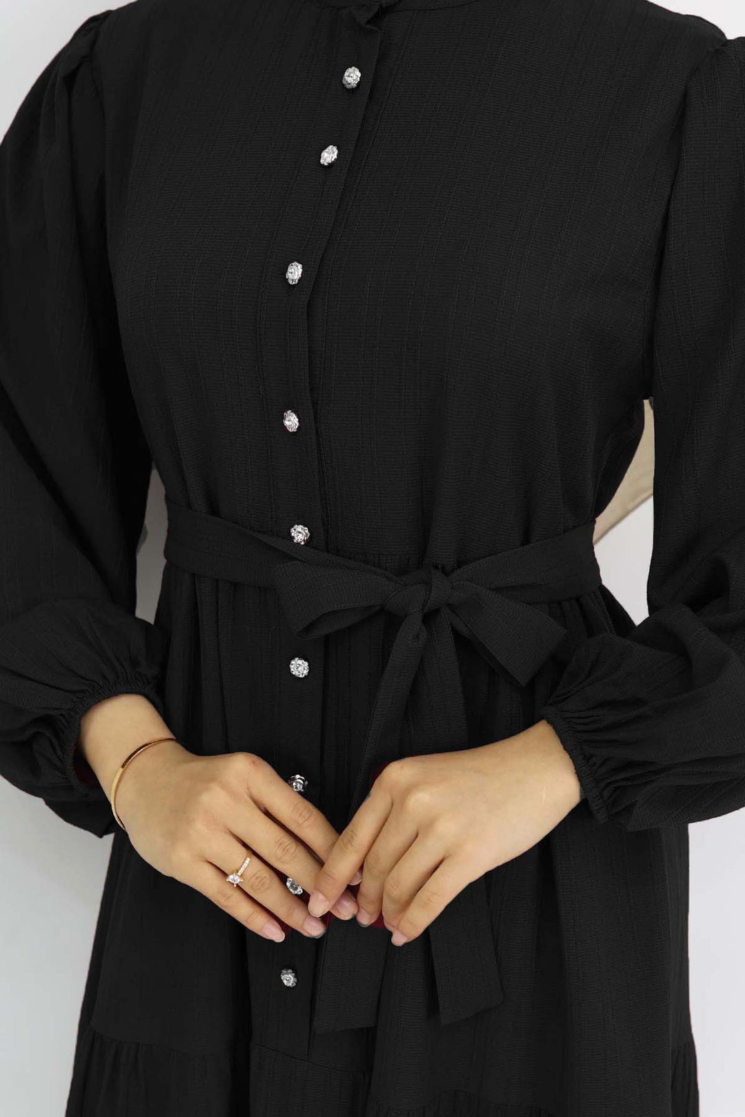 BNG Women Taşlı Düğmeli Hakim Yaka Tesettür Elbise Siyah 2268 - Saint-Maur-des-Fossés