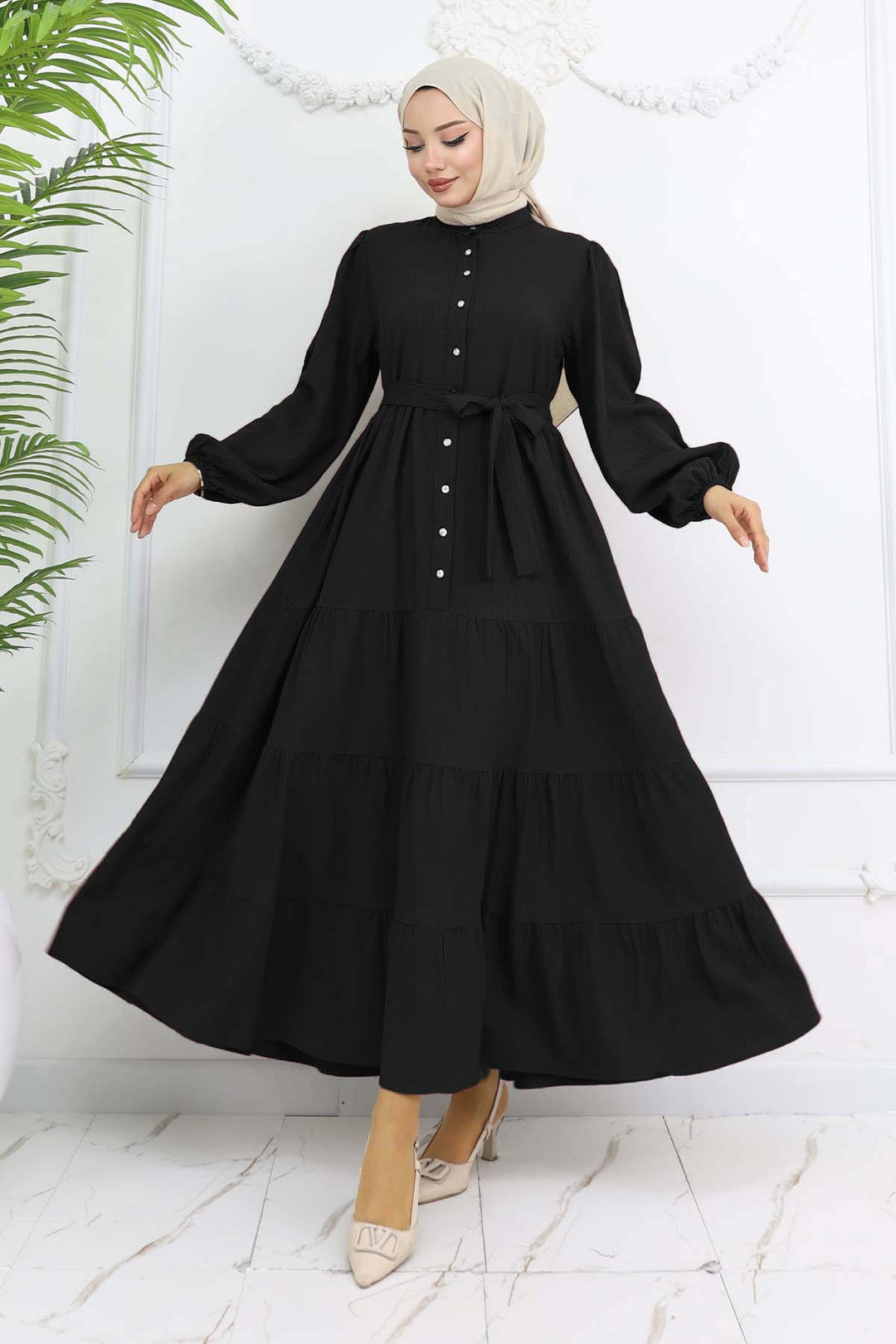 BNG Women Taşlı Düğmeli Hakim Yaka Tesettür Elbise Siyah 2268 - Saint-Maur-des-Fossés