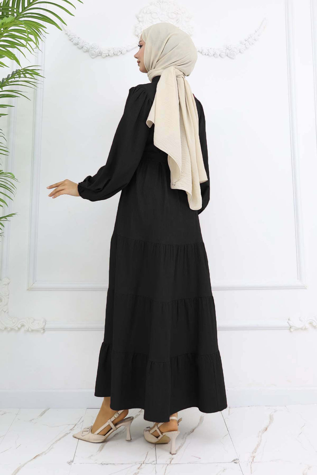 BNG Women Taşlı Düğmeli Hakim Yaka Tesettür Elbise Siyah 2268 - Saint-Maur-des-Fossés