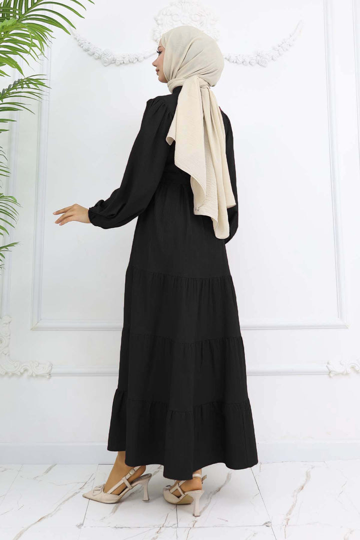 BNG Women Taşlı Düğmeli Hakim Yaka Tesettür Elbise Siyah 2268 - Saint-Maur-des-Fossés