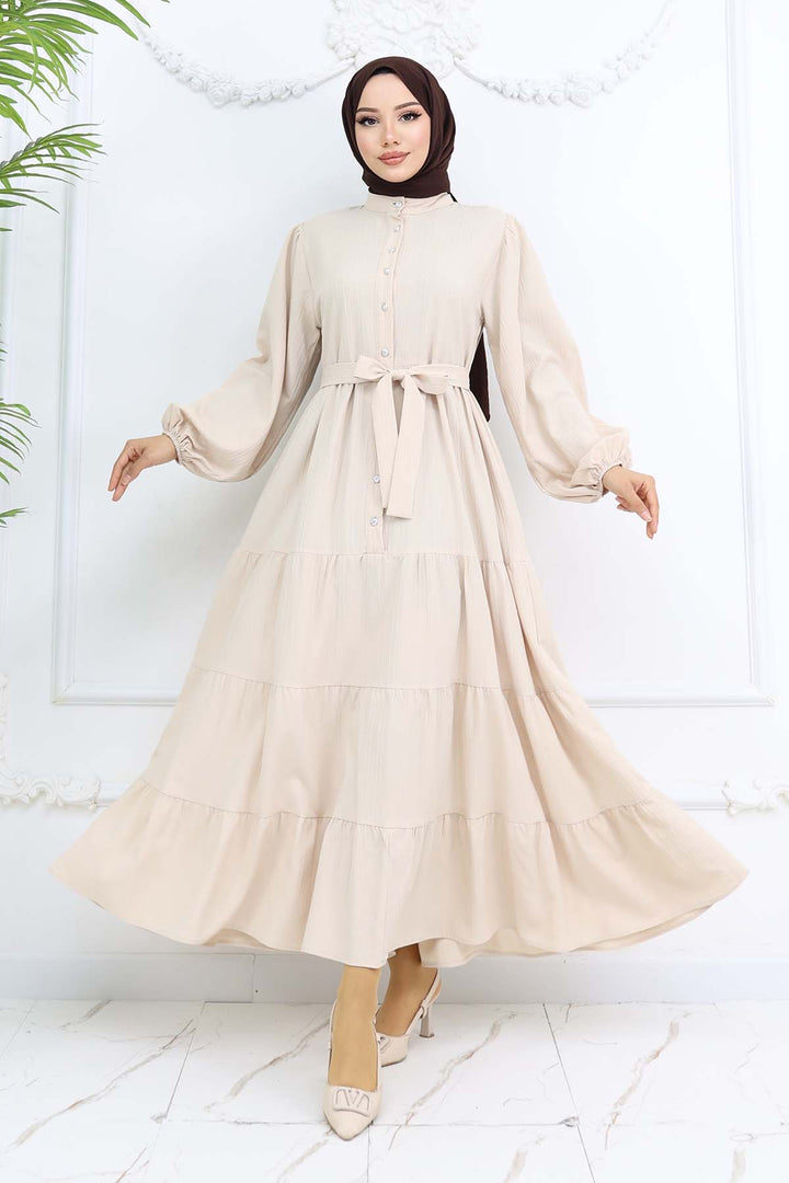 BNG Women Taşlı Düğmeli Hakim Yaka Tesettür Elbise Taş Rengi 2268 - Mukacheve