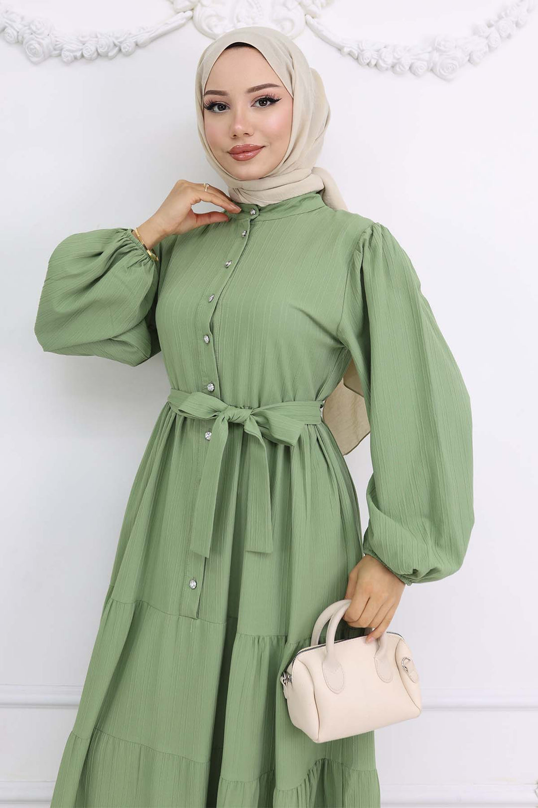 BNG Women Taşlı Düğmeli Hakim Yaka Tesettür Elbise Yeşil 2268 - Schertz