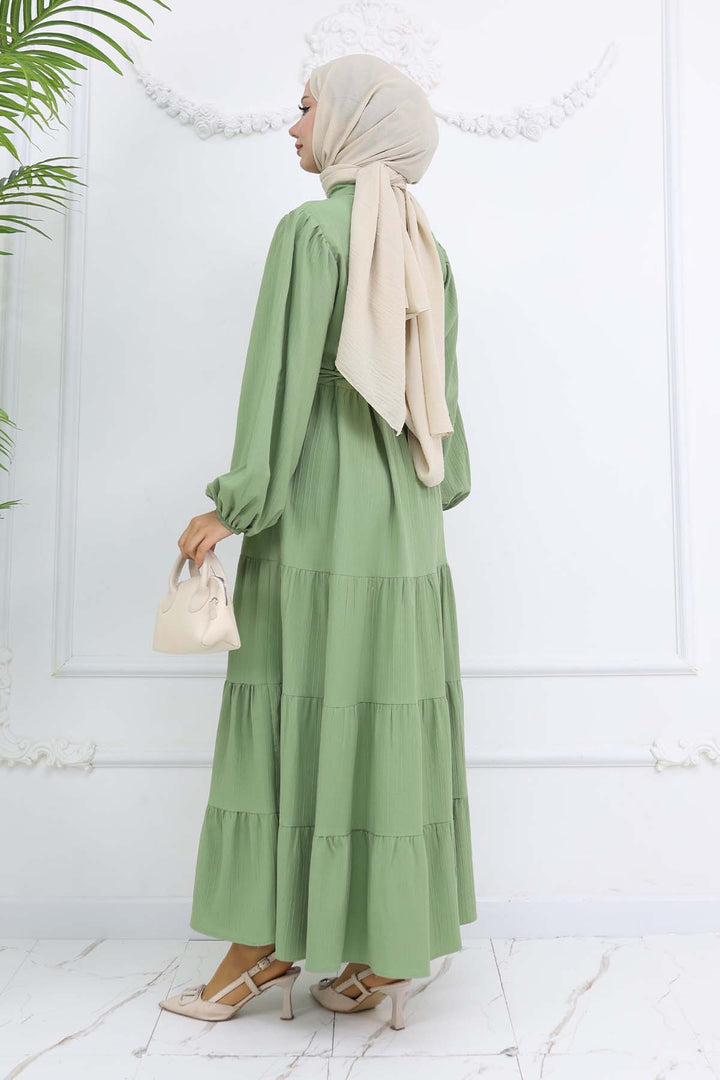 BNG Women Taşlı Düğmeli Hakim Yaka Tesettür Elbise Yeşil 2268 - Schertz