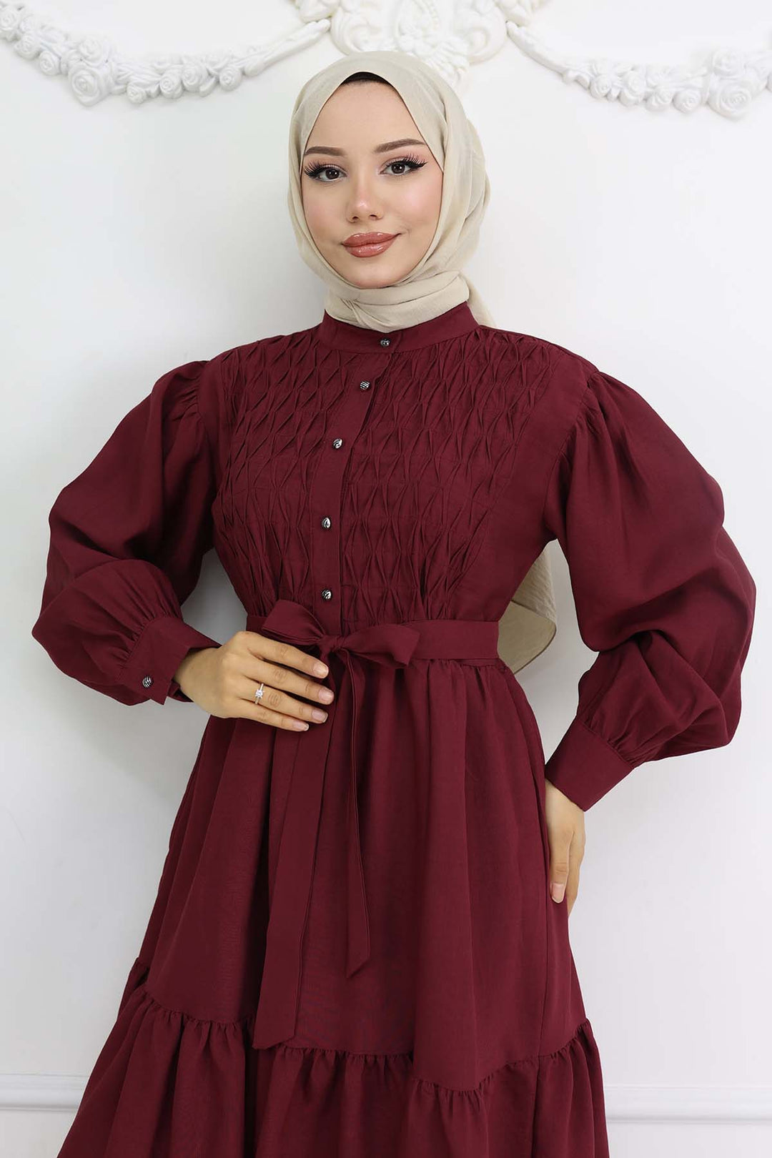 BNG Women Kuşaklı Tesettür Elbise Bordo 2247 - Völklingen