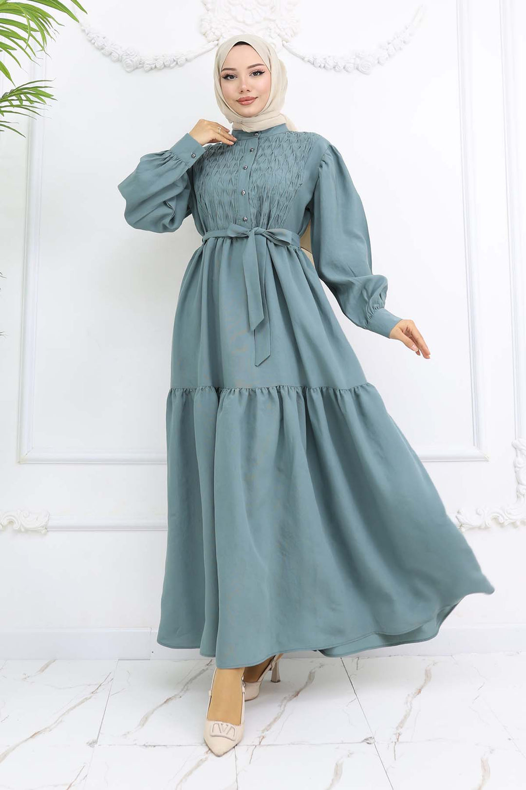 BNG Women Kuşaklı Tesettür Elbise Çağla 2247 - Amarante