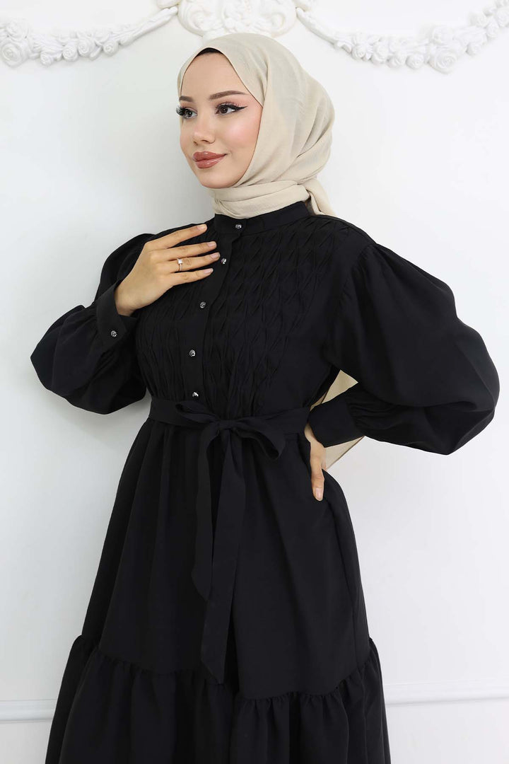 BNG Women Kuşaklı Tesettür Elbise Siyah 2247 - Massa