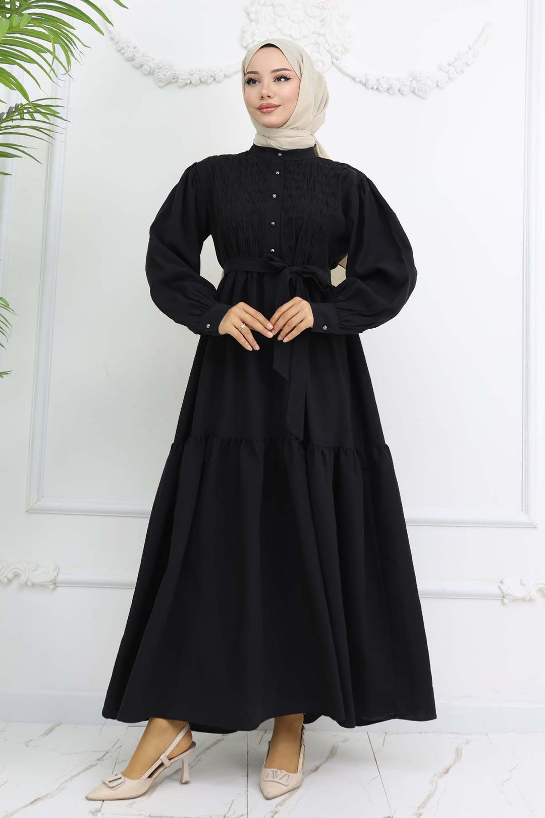 BNG Women Kuşaklı Tesettür Elbise Siyah 2247 - Massa