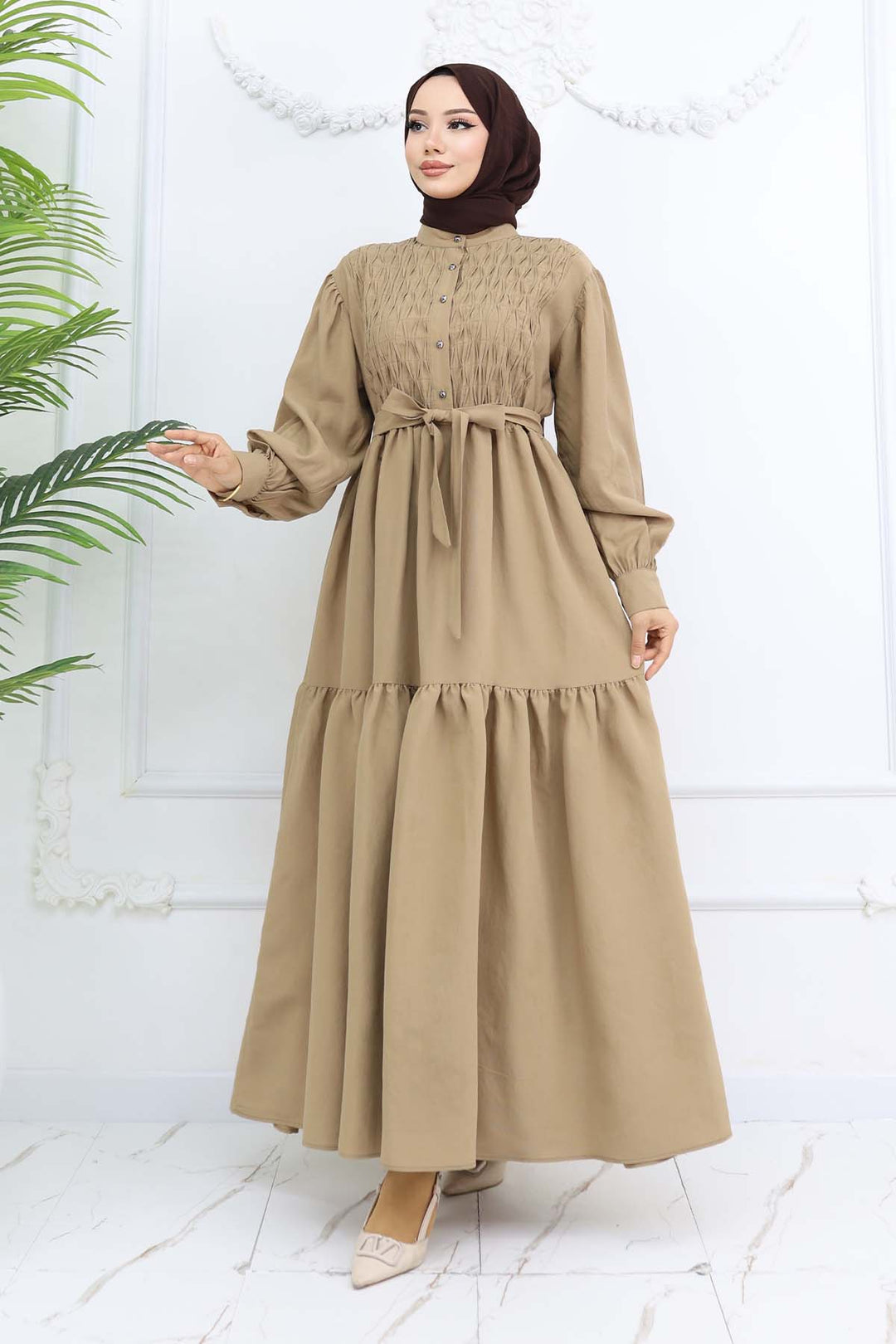 BNG Women Kuşaklı Tesettür Elbise Vizon 2247 - Rodgau