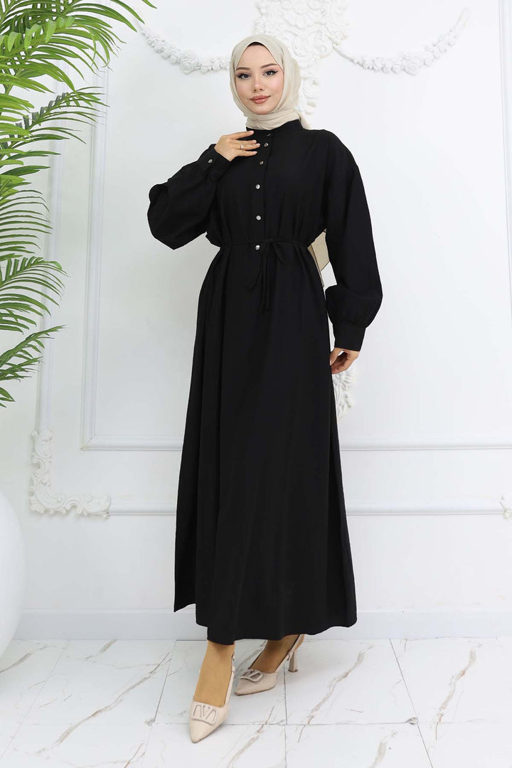 BNG Women Önü Düğmeli Bağlamalı Elbise Siyah 2242 - Orizaba