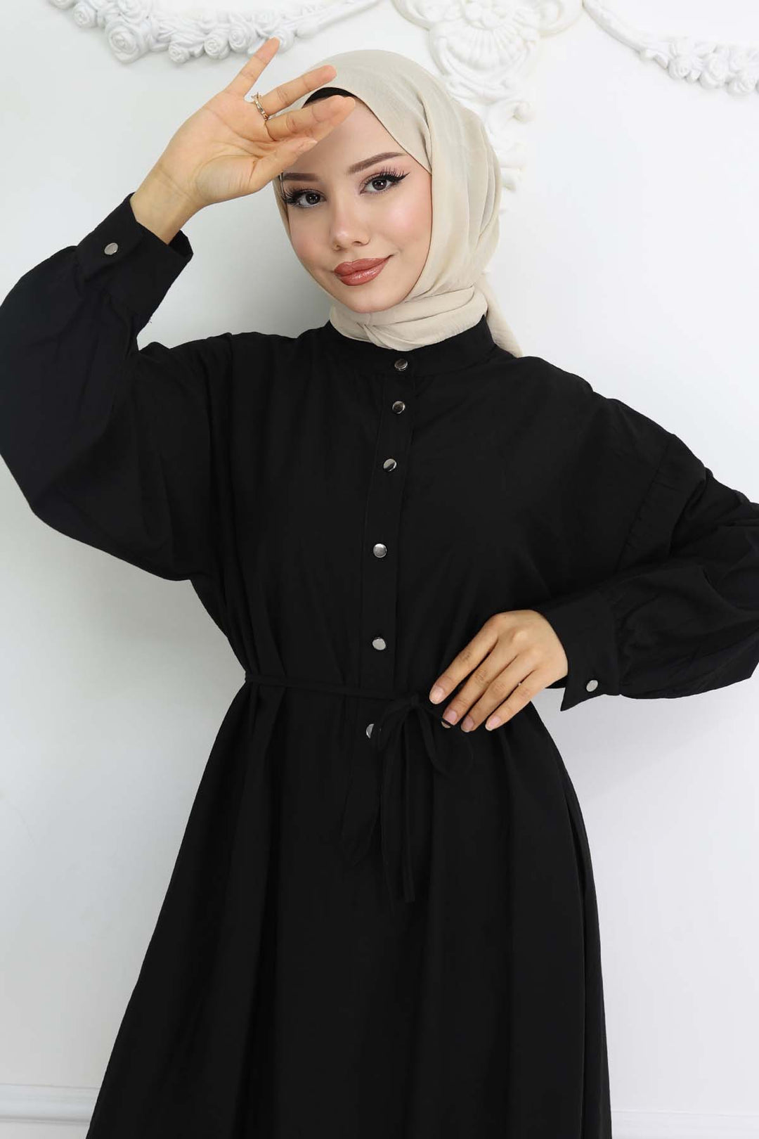 BNG Women Önü Düğmeli Bağlamalı Elbise Siyah 2242 - Orizaba