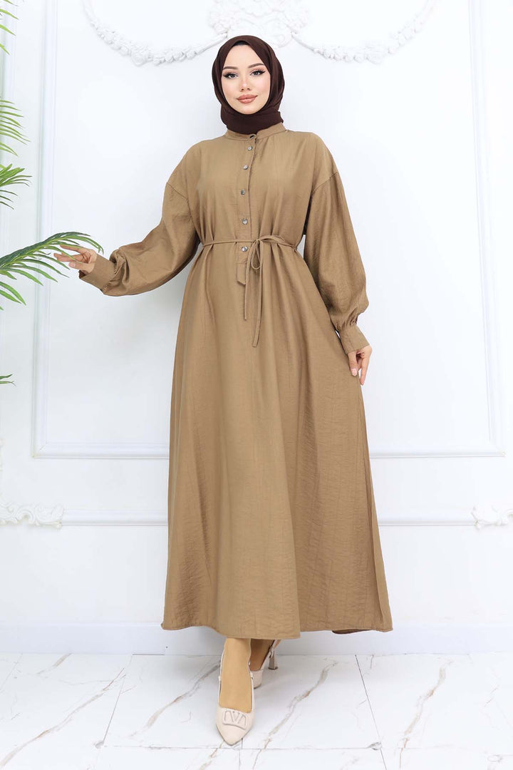 BNG Women Önü Düğmeli Bağlamalı Elbise Vizon 2242 - Datteln