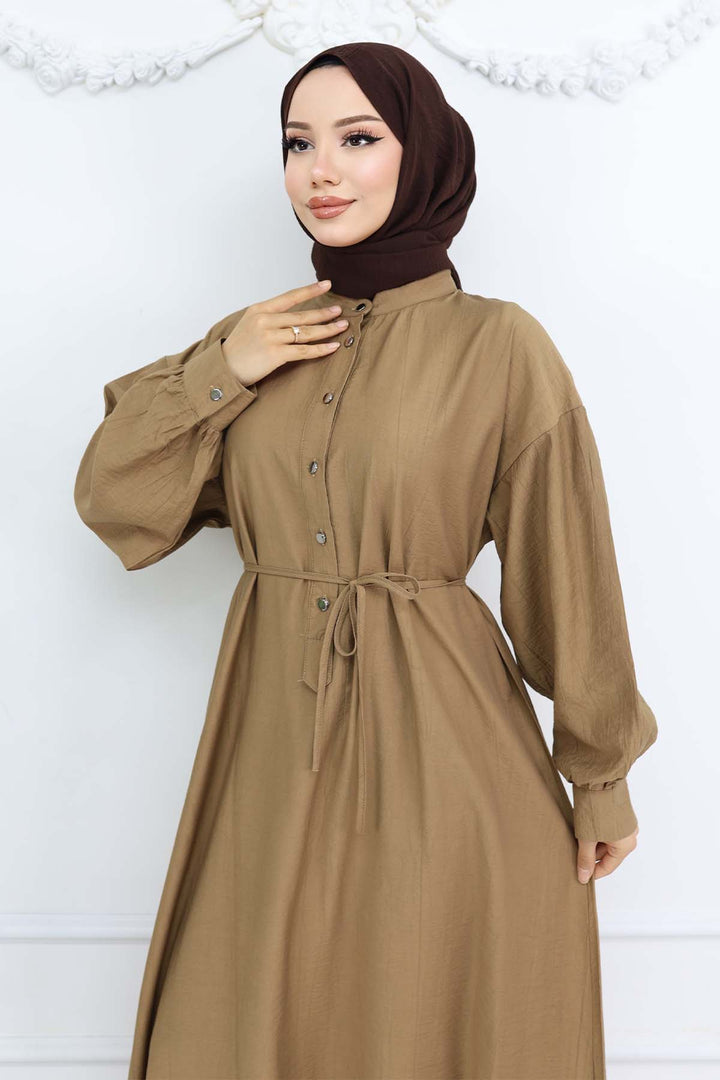 BNG Women Önü Düğmeli Bağlamalı Elbise Vizon 2242 - Datteln