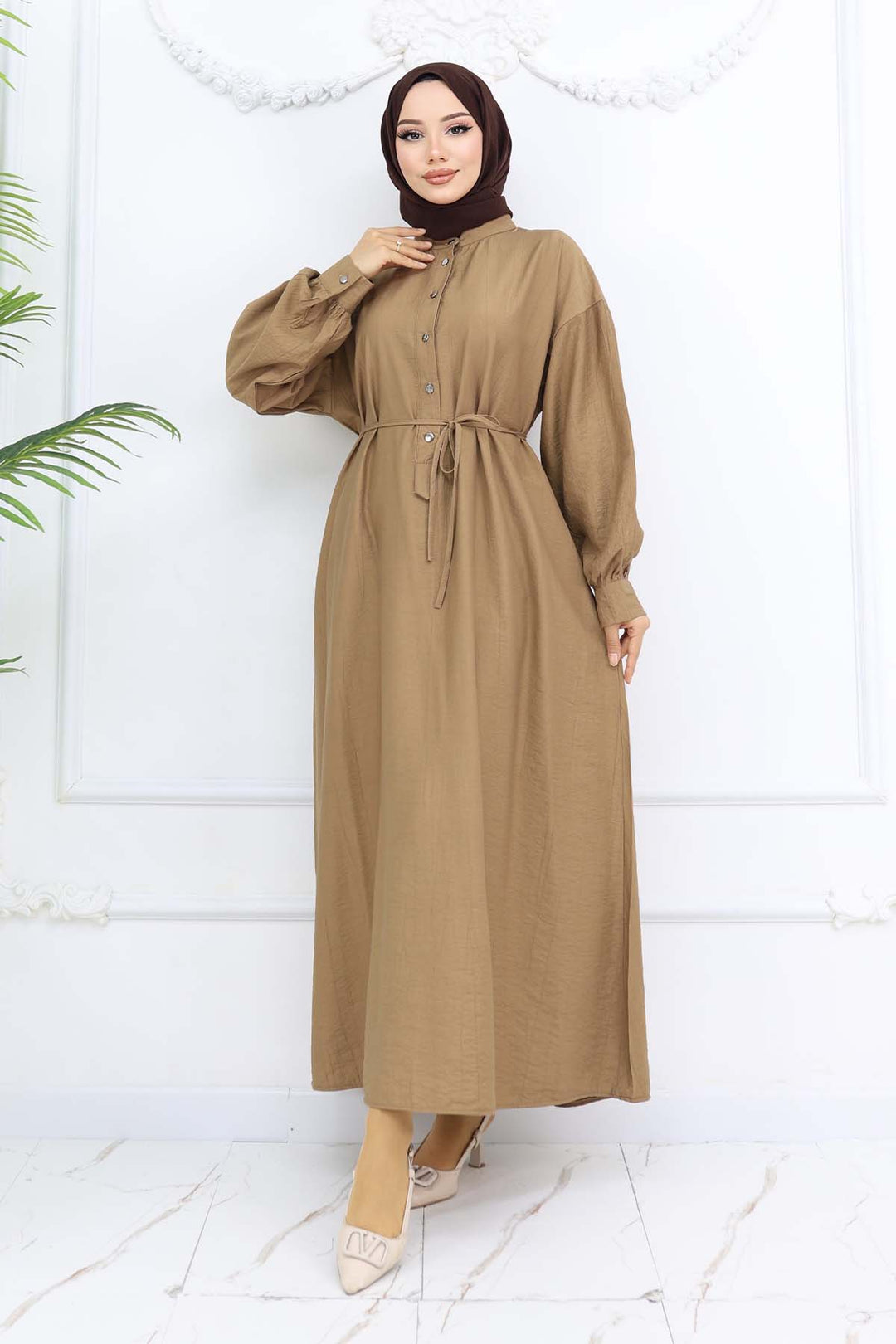 BNG Women Önü Düğmeli Bağlamalı Elbise Vizon 2242 - Datteln