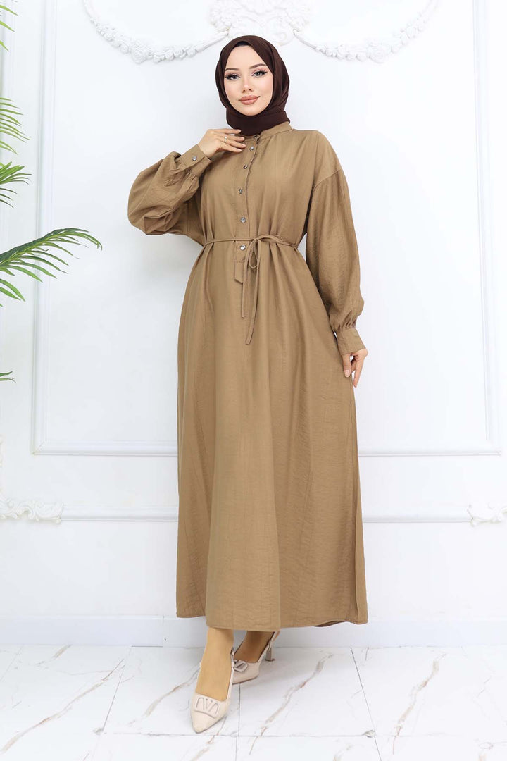 BNG Women Önü Düğmeli Bağlamalı Elbise Vizon 2242 - Datteln