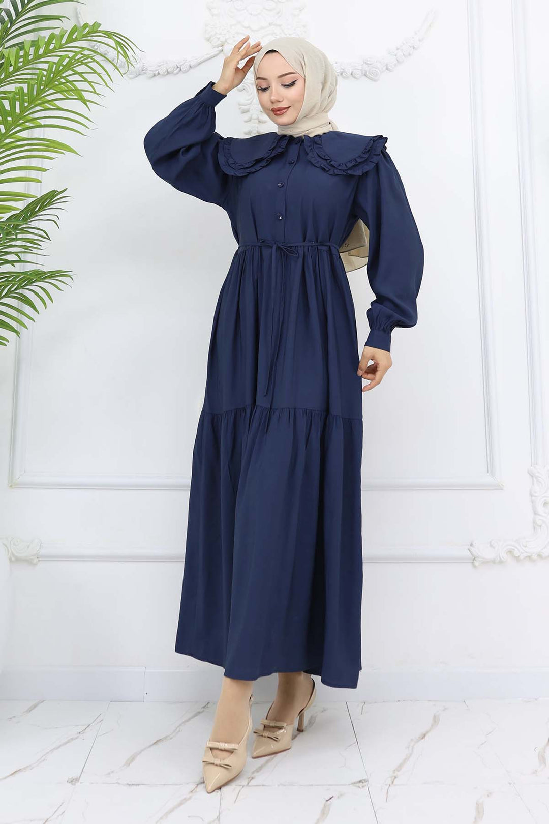 BNG Women Navy Blue Dress with Baby Collar Front Button 2274 - Hatfield