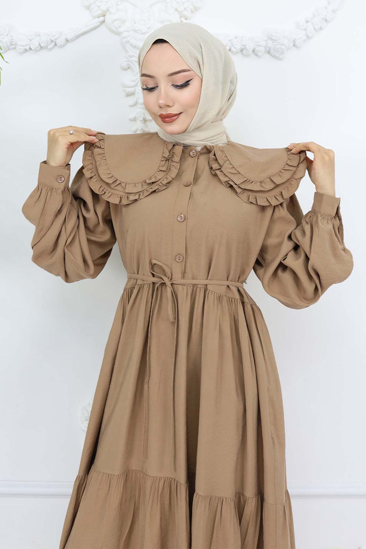 BNG Women Baby Collar Front Buttoned Dress Brown 2274 - Nottingham