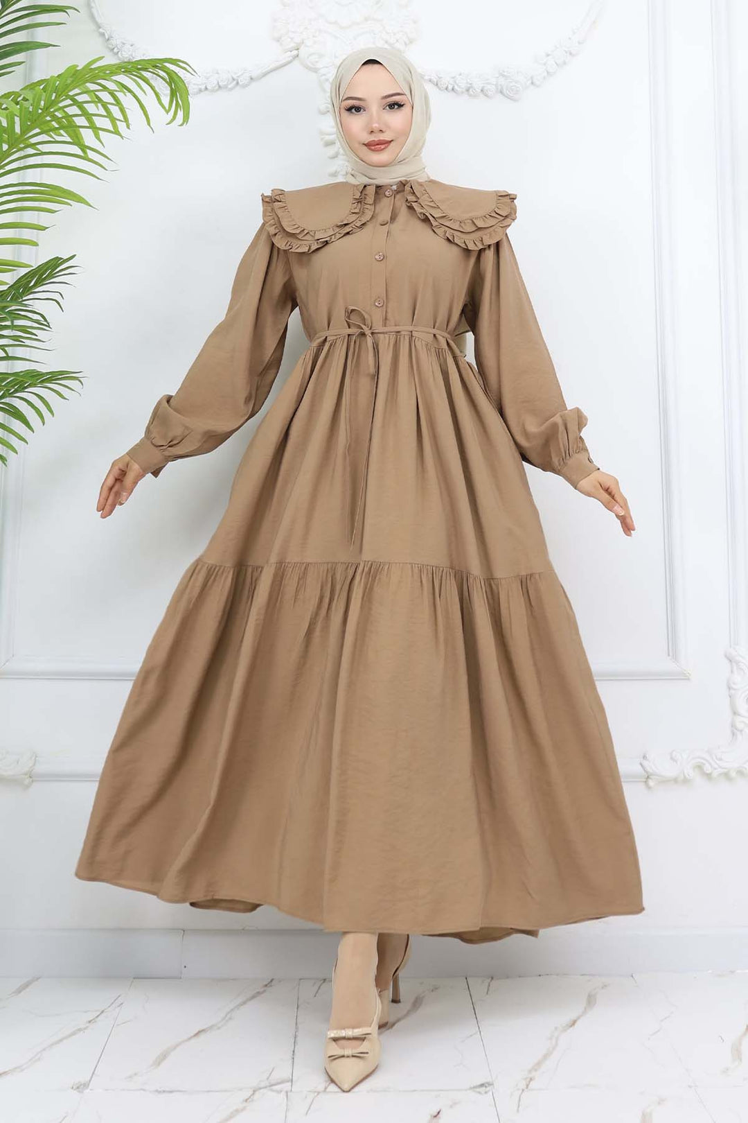 BNG Women Baby Collar Front Buttoned Dress Brown 2274 - Nottingham