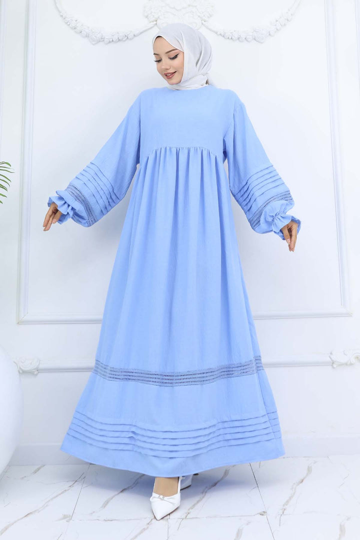 BNG Women Nervür Detaylı Tesettür Elbise Bebe Mavisi 2207 - Milton