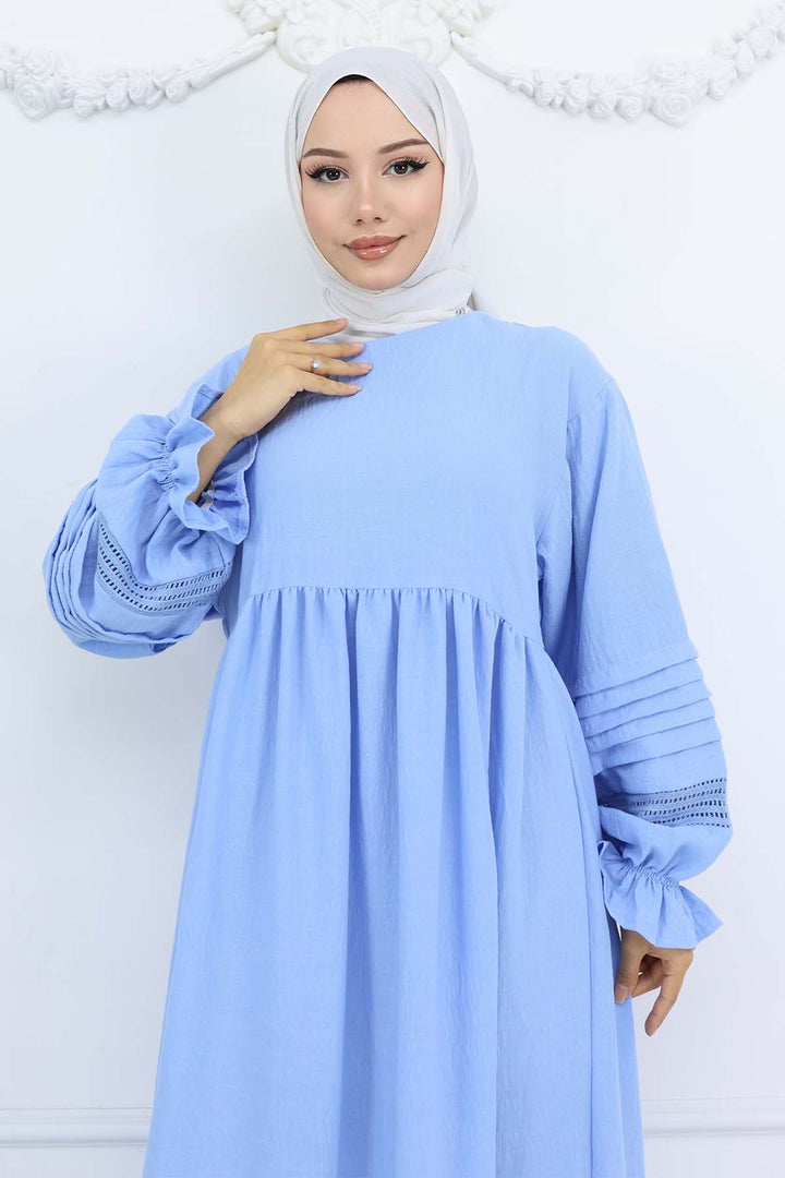 BNG Women Nervür Detaylı Tesettür Elbise Bebe Mavisi 2207 - Milton