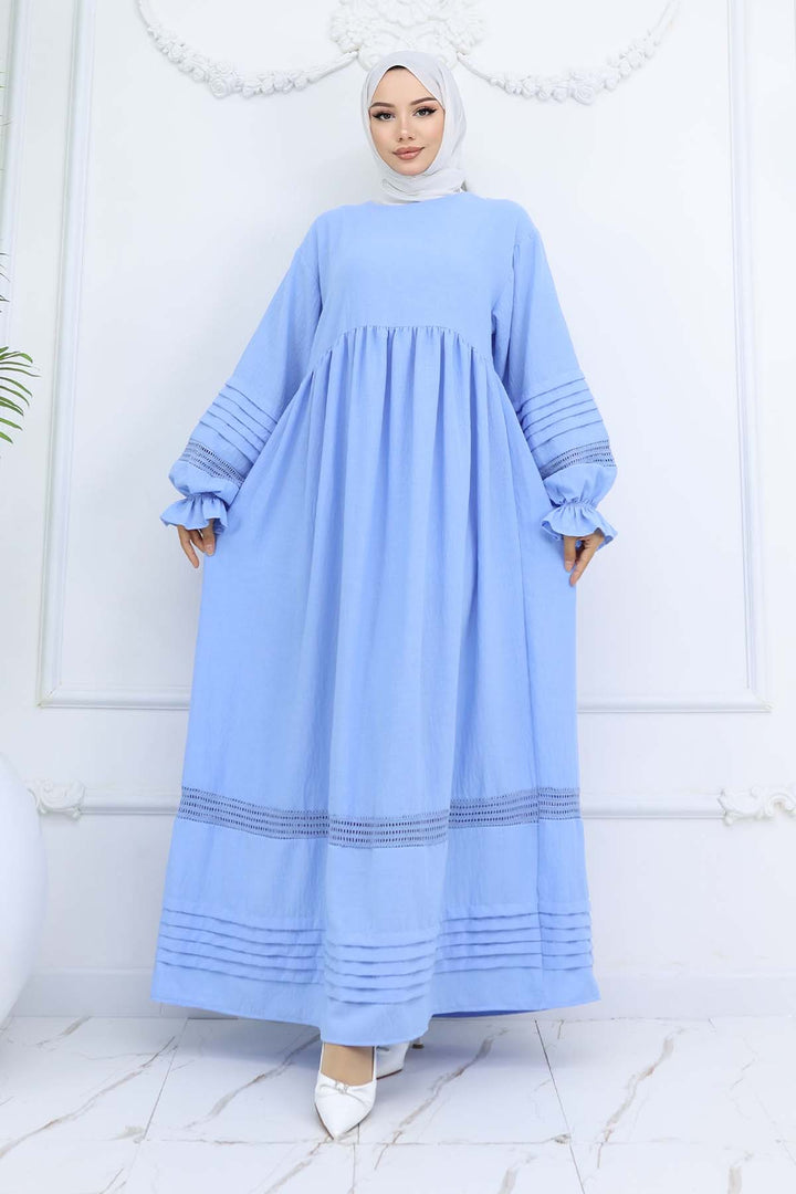 BNG Women Nervür Detaylı Tesettür Elbise Bebe Mavisi 2207 - Milton