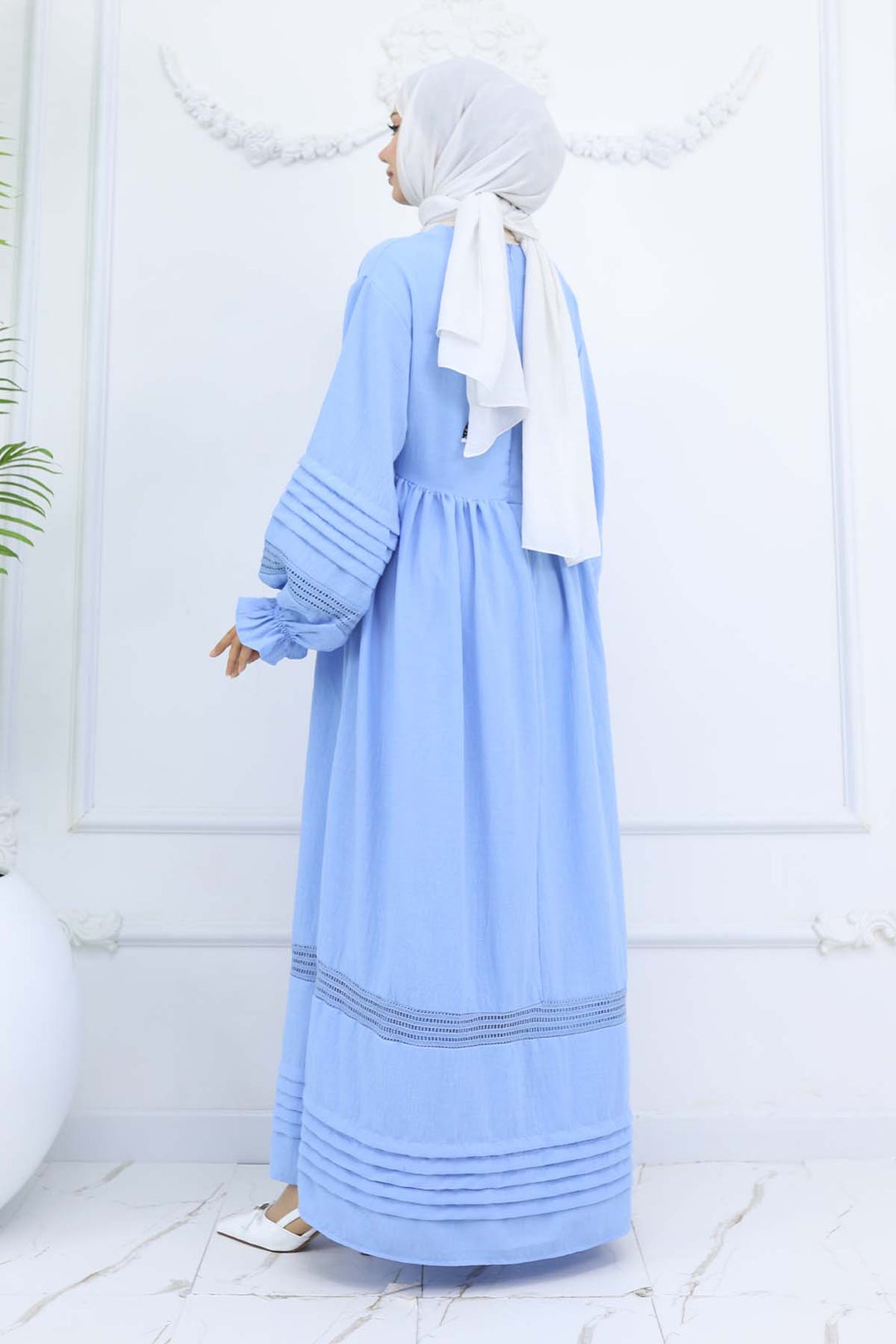 BNG Women Nervür Detaylı Tesettür Elbise Bebe Mavisi 2207 - Milton