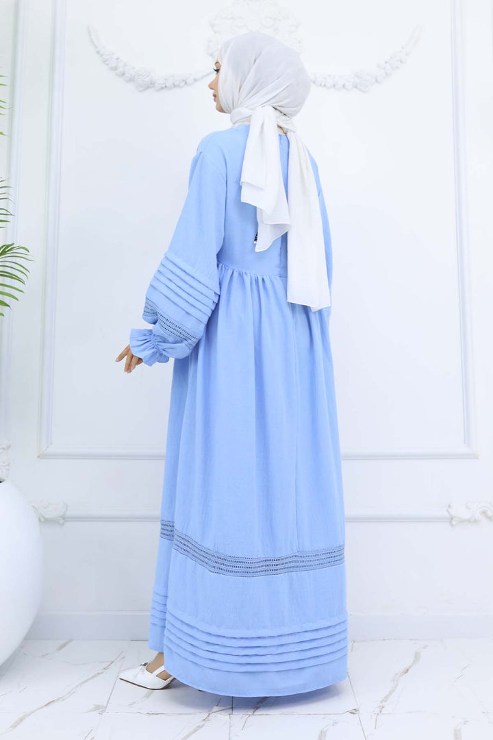 BNG Women Nervür Detaylı Tesettür Elbise Bebe Mavisi 2207 - Milton