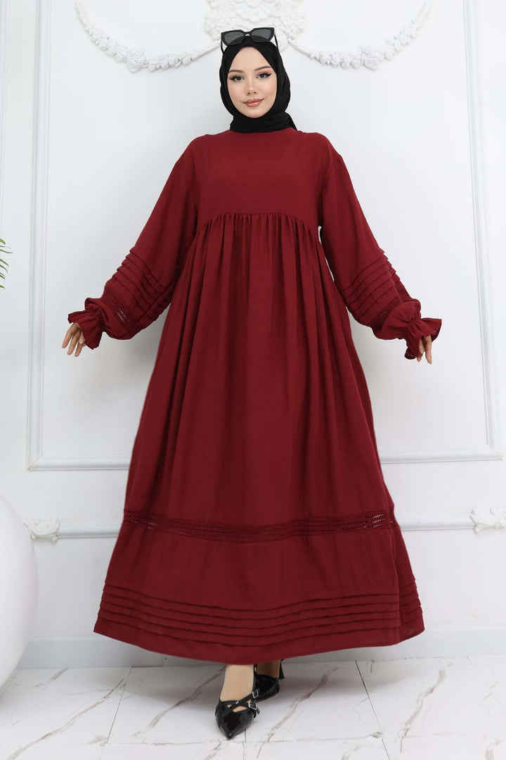 BNG Women Nervür Detaylı Tesettür Elbise Bordo 2207 - Frontera