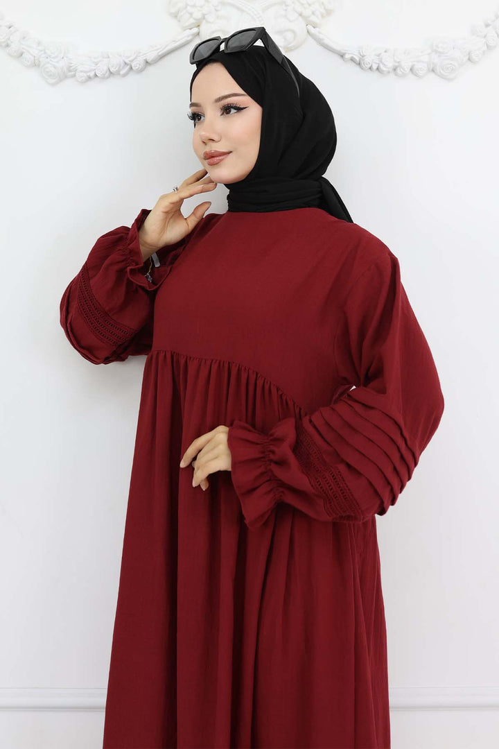 BNG Women Nervür Detaylı Tesettür Elbise Bordo 2207 - Frontera