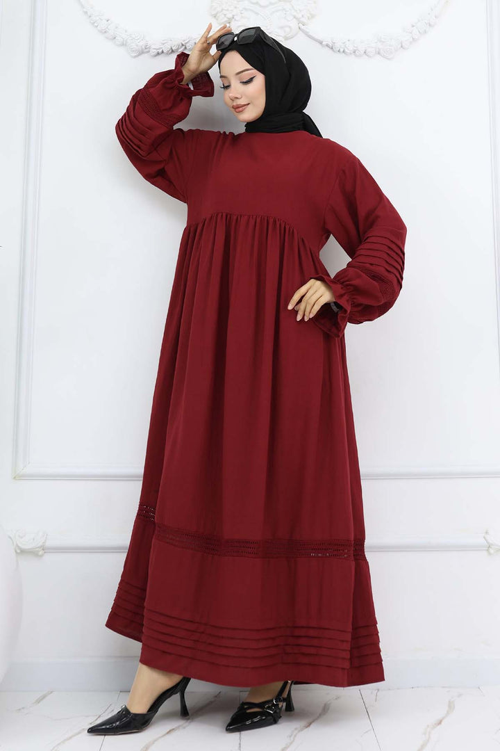 BNG Women Nervür Detaylı Tesettür Elbise Bordo 2207 - Frontera