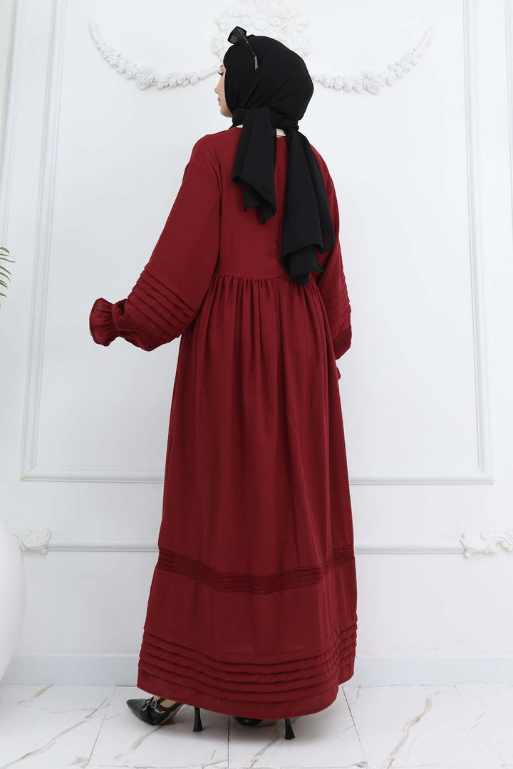 BNG Women Nervür Detaylı Tesettür Elbise Bordo 2207 - Frontera