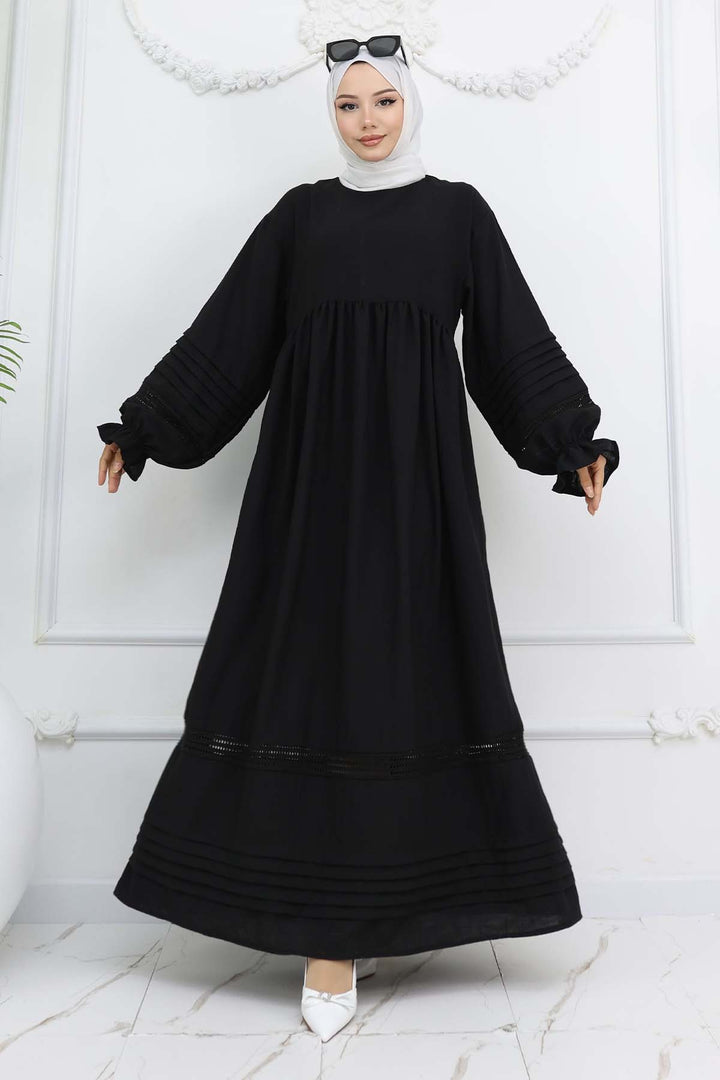 BNG Women Nervür Detaylı Tesettür Elbise Siyah 2207 - Lakeland